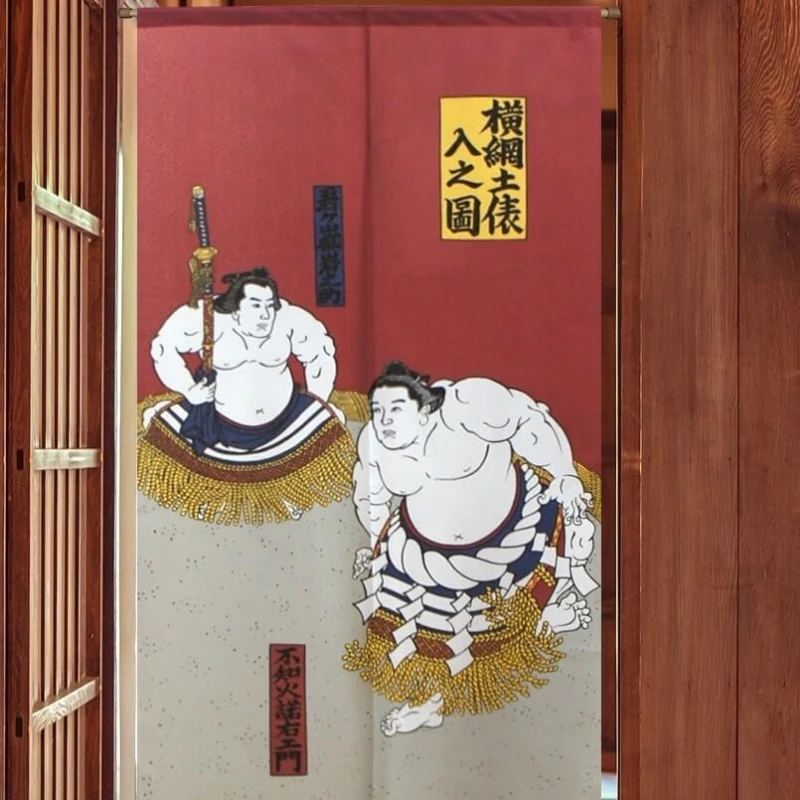 Cortina de puerta japonesa Sumo Yokozuna, fondo rojo con estampado de luchador de sumo Ukiyo-e, decoración tradicional japonesa, separador de ambientes