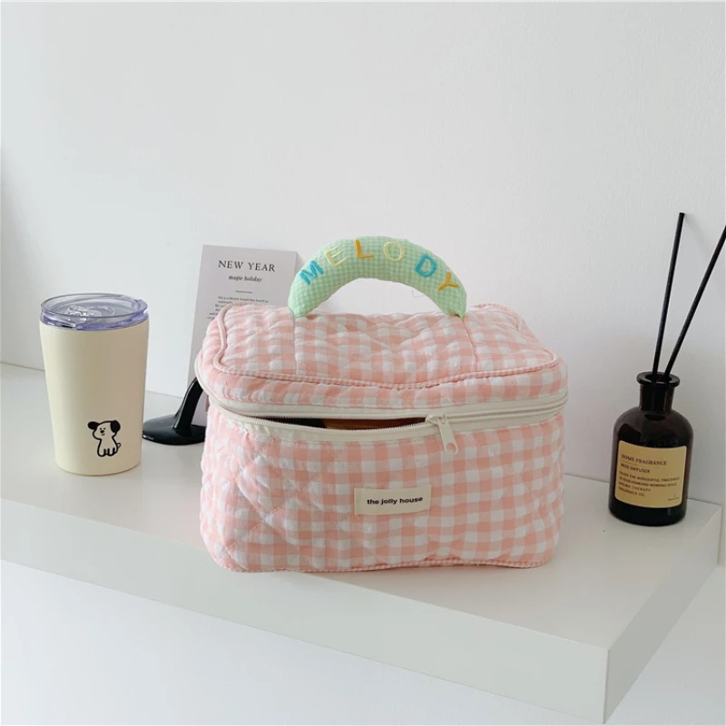 New Cosmetics Storage Bag Korean Ins Plaid Makeup Bag Large Capacity Japanese Cute Style Portable Washing Bags