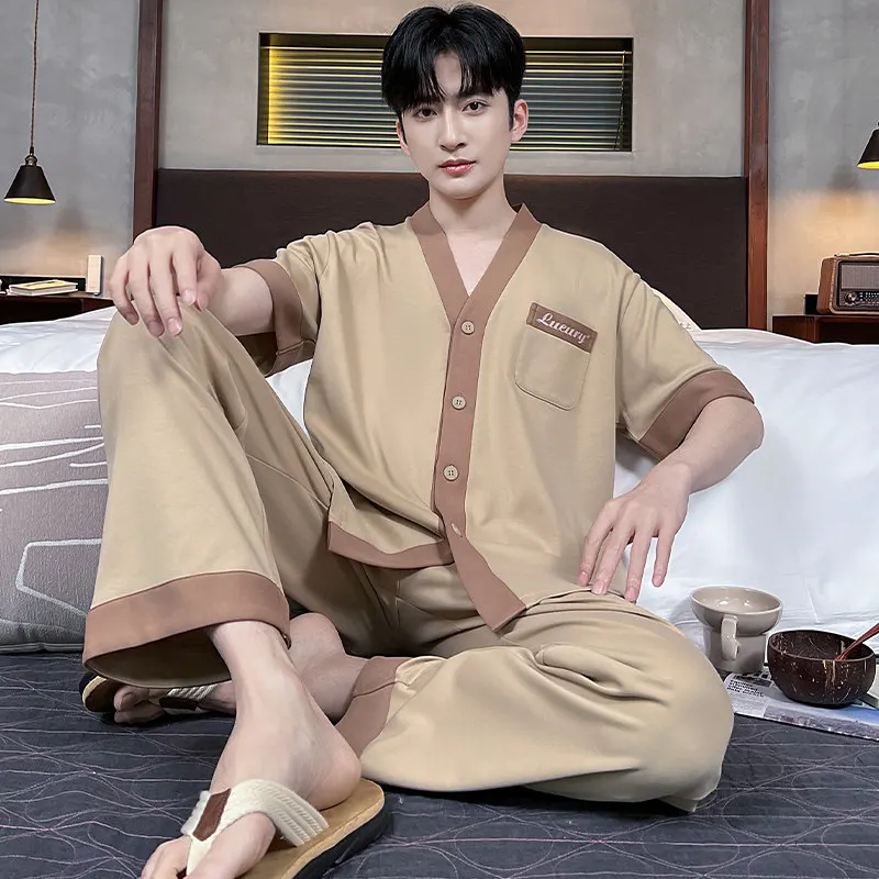 Summer Men's Knit Cotton Pajamas V-Neck Kimono Short Sleeve Long Pants Sleepwear Set Young Boy Home Clothes pijama hombre