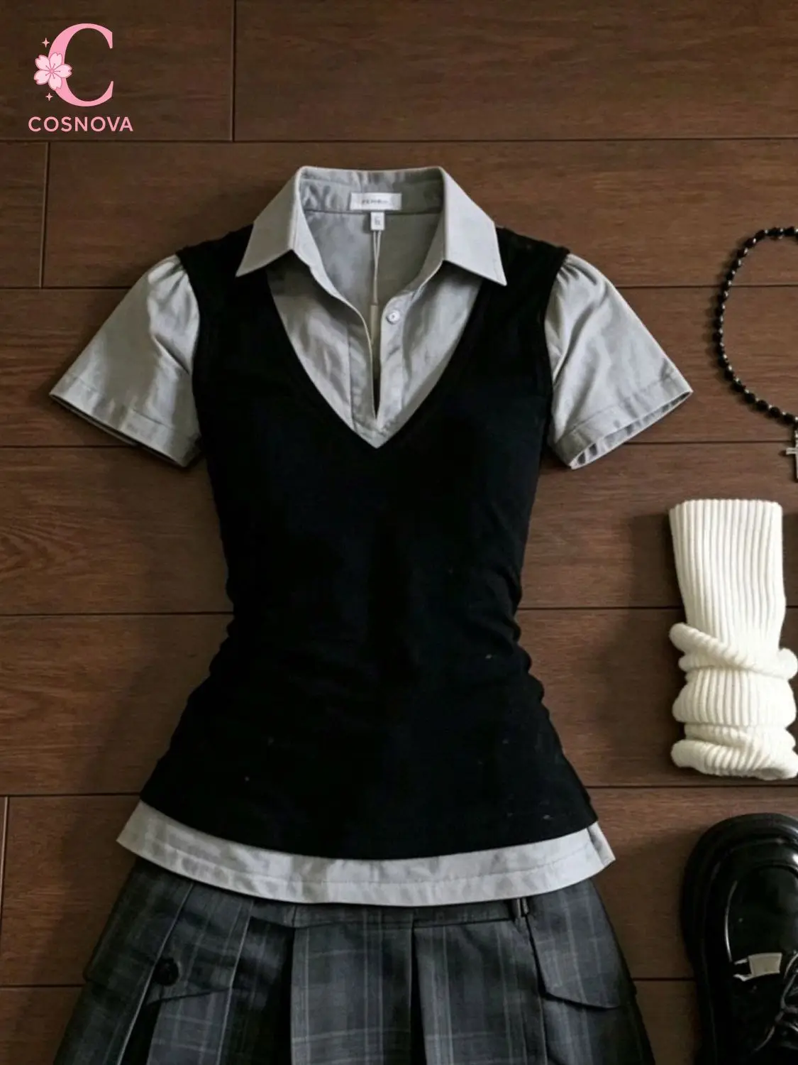 

Preppy 2 Piece Set Women Slim Fit Fake Two Piece Short Sleeve Shirt High Waist Plaid Pleated Skirt Summer Casual School Outfit