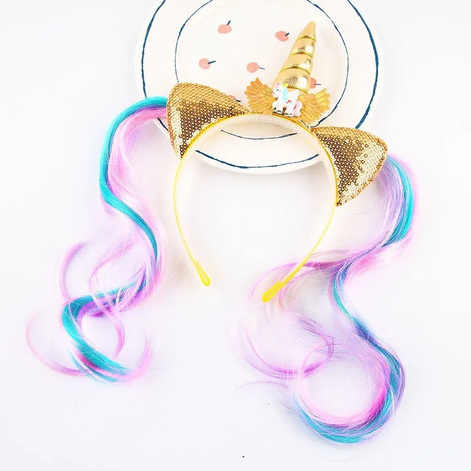 Children Unicorn Wig Headdress For Girl Fashion Colorful Ponytail Hair Ropes Accessories Kid New Birthday Party Mermaid Hairpins