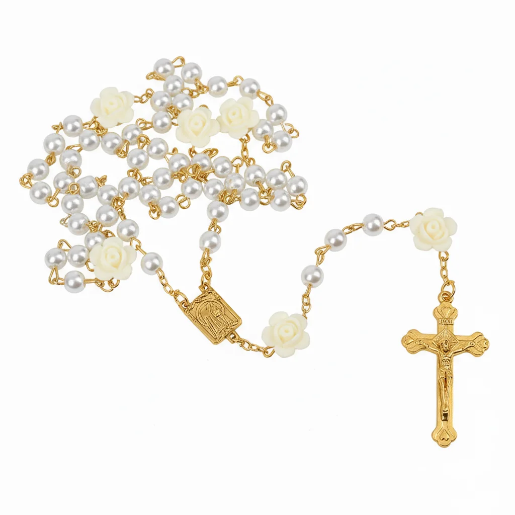 Religiöse Rosenkranz-Halskette für Damen, Kreuz-Anhänger, 6 mm lange Glasperlen, Rosenkette, Choker, weiblicher Gebets-Schmuck, Geschenk. – Detail 5