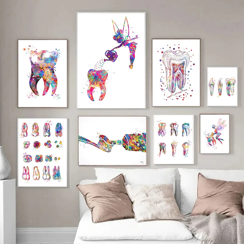 Peinture aquarelle abstraite d'implant dentaire, affiches imprimées, toile d'anatomie de dentiste dentaire, Art mural, clinique d'hôpital, décoration de maison