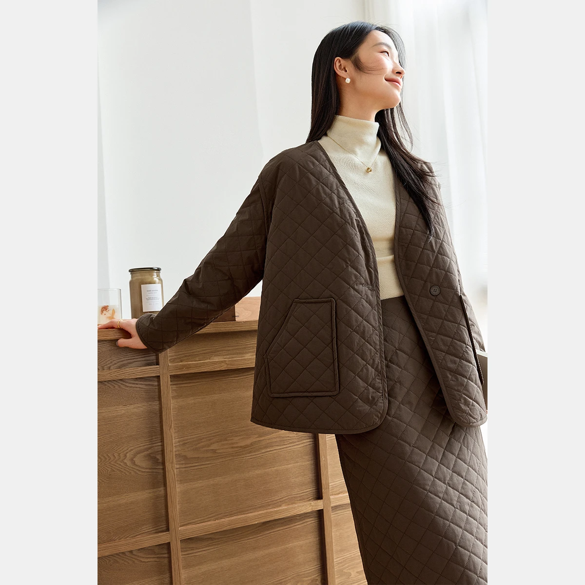 VIMLY Damesroksets 2025, Winter Vintage Gewatteerde Gewatteerde V-hals Pocket Tops Rechte Lange Rokken Dames Tweedelige set M9621