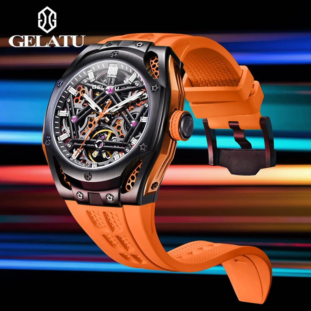 GELATU Original Brand Fully Automatic Mechanical Watch Waterproof Silicon Tape Men Watch Luminous Fashion Male Wristwatch Brand