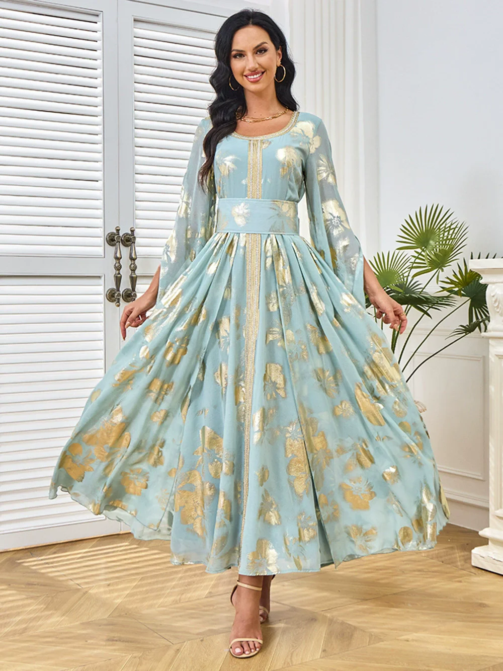 فستان عباية عصرية بأكمام مقسمة وختم ساخن في الشرق الأوسط إسلامي فاخر على الموضة رداء طويل تنورة نسائية طويلة