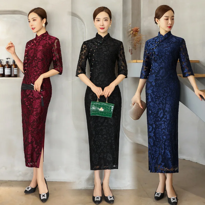 

Элегантное длинное облегающее платье Cheongsam в стиле ретро с высоким разрезом и рюшами, кружевной костюм для мамы