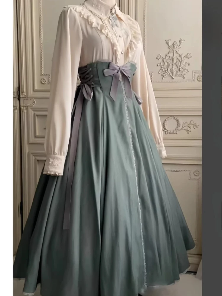 

Vintage Elegant Heavy Industry Lace Generating Color Long Sleeve Shirt Sweet Bow High Waist A-line Lace-up Girl Green Long Skirt