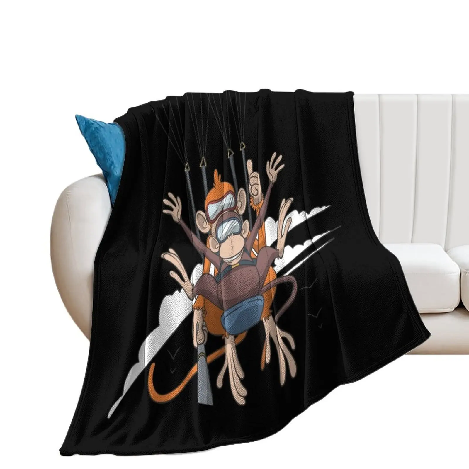 Monkeys in paragliding tandem flight Throw Blanket Furrys Luxury Blankets