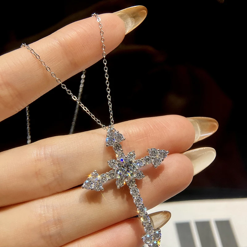 

KNB 1 Carat Cut D Color Moissanite Cross Pendants Necklace for Women Real 925 Sterling Silver Christian Diamond Chain Jewelry