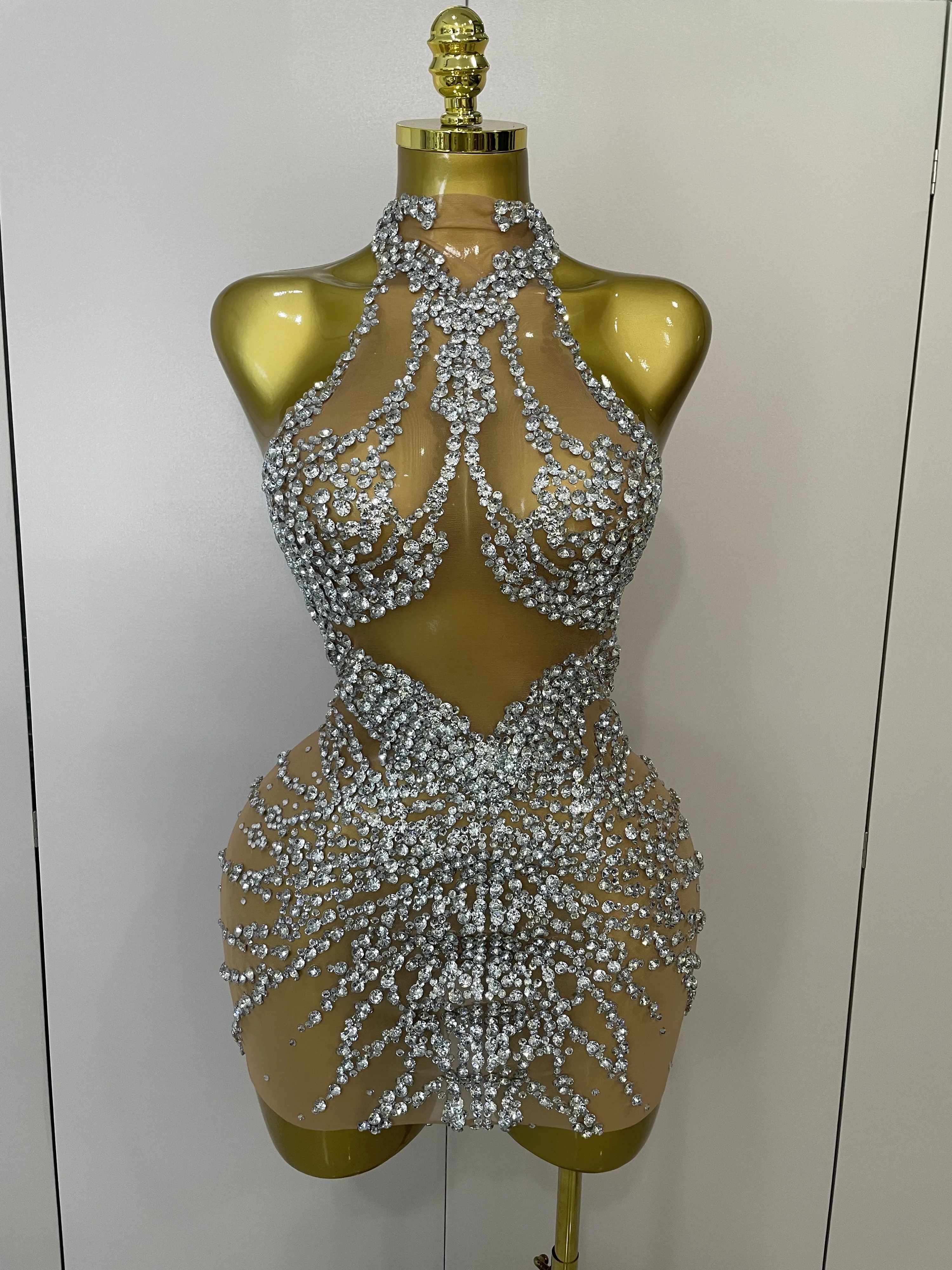 STOCK Sparkly Rhinestones Sexy Mesh See Through Dress Party Evening Prom Celebrate Birthday Dress Singer Dancer Show Stage Wear