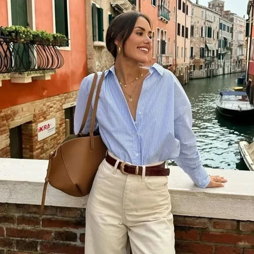 Imagen 2 del producto Camisas de otoño para mujer, blusas nuevas elegantes a rayas, camisas holgadas con cuello en V para mujer, camisetas informales de calle a la moda para jóvenes y oficina 2025