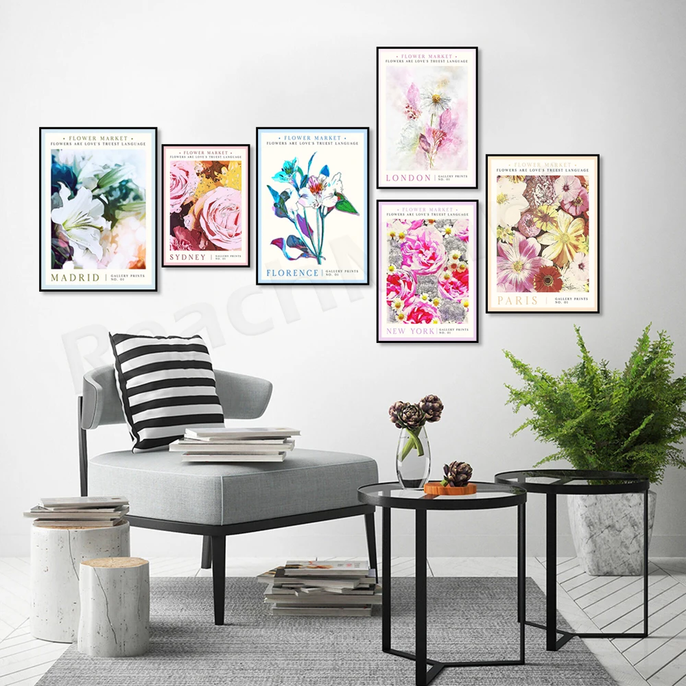 Sydney, Florence, New York, Paris, Madrid, London flower market poster, plant wall art, floral colorful aesthetic poster art