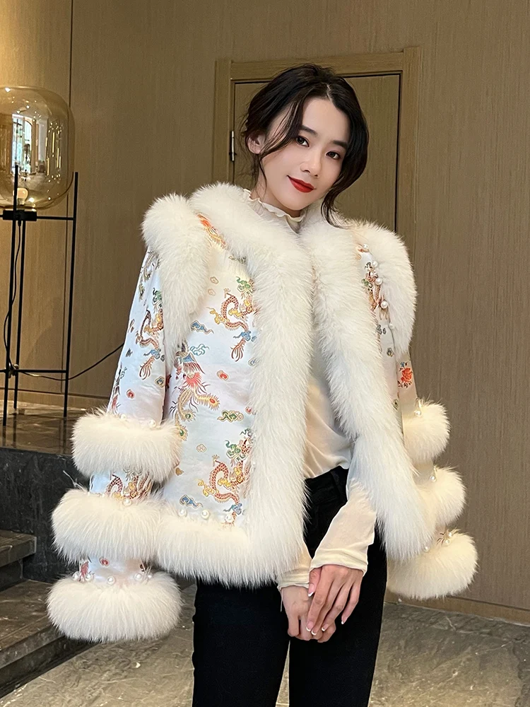 Fashion Young Beaded Cotton-Padded Coat Female Autumn Winter New Retro Beaded Short Faux Fox Fur Fur Coat for Women