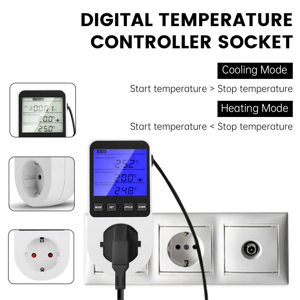 EU/FR/UK Plug LCD Digital Thermostat Temperature Controller Socket Outlet Heating Cooling Adjustment with Timer Switch Regulator