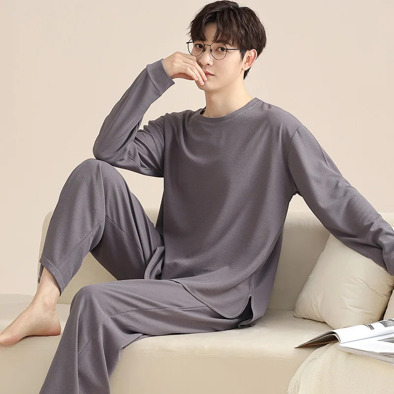 Autumn Pajamas Spring New Pants Two-piece Men's Cotton Youth Sleeved Long Home Clothing Set Korean Simple Pjs Pyjamas Hombre