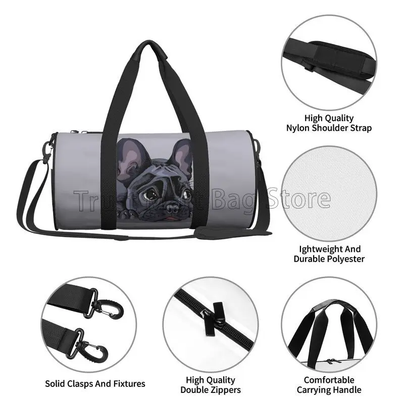 Cartoon French Bulldog Travel Duffel Bag, impermeável, sacola esportiva, Gym Bag, Weekender Overnight Bags, dobrável Carry on sacos de bagagem