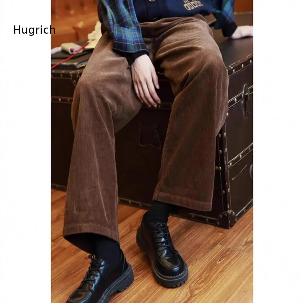 Fall Winter Casual Long Pants Women High Waist Corduroy Material Retro Look Side Pockets Loose Wide Leg Trousers