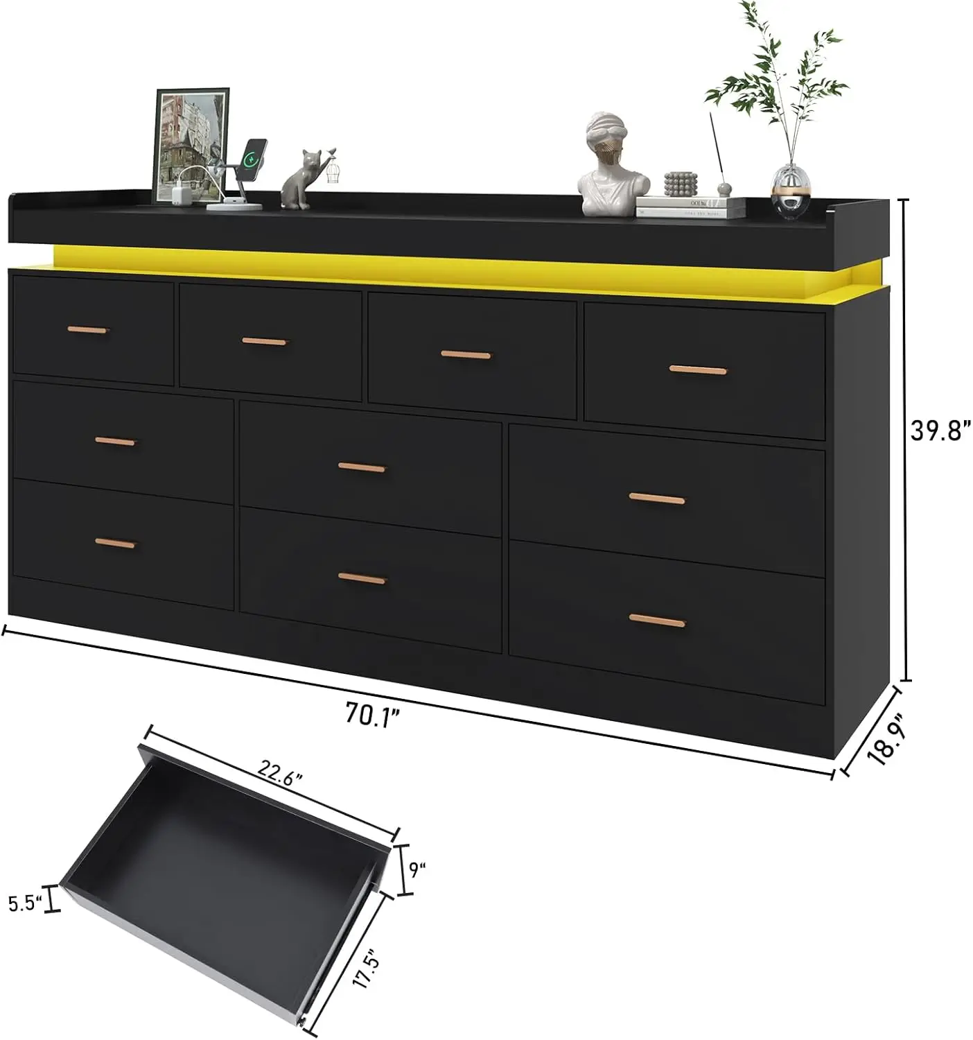 10 Drawer Dresser with Charging Station , Modern Chest , Organizer Cabinet for Bedroom, Living Room, Entryway, Black