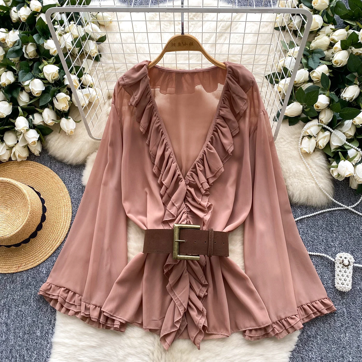 

Шикарная винтажная пояса с v-образным вырезом, элегантная модная сексуальная рубашка, уличная женская блузка, офисная женская одежда