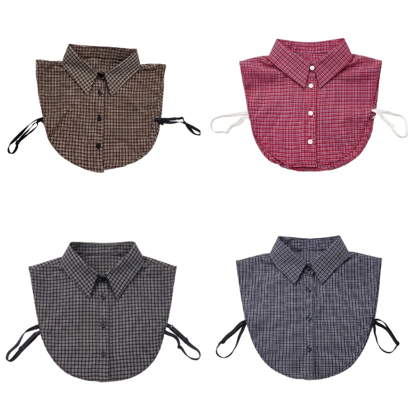 U90E Pointed Shirt Collar Insert Check Layering Accessory with Front Panel and Side Ties for Sweaters Dresses and Tops