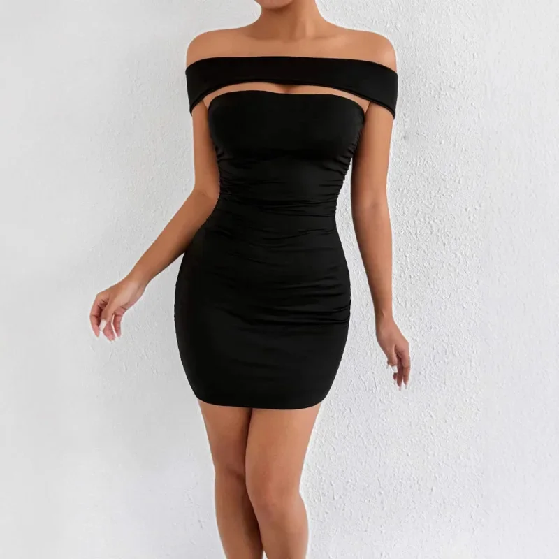 เซ็กซี่ปิดไหล่ชุดสีดําสําหรับผู้หญิง SLIM FIT Ruched Bodycon ชุดเดรสสั้นชุดพรรค Elegant ฤดูร้อนสบายๆดูใหม่