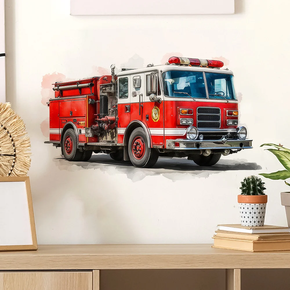 2D flat design, 1 fire truck sticker. Suitable for living room, bedroom, and background wall decoration. Removable self-adhesive