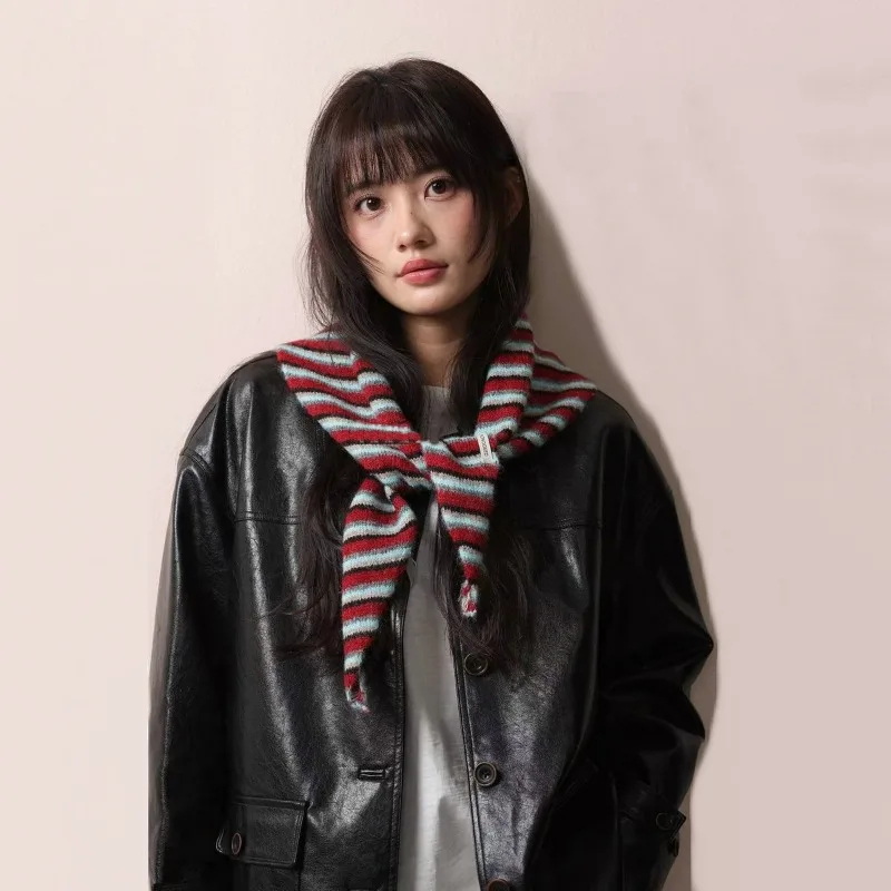 Japanischer Wollmischschal mit gestreiftem Muster, ideal für Herbst und Winter, neuer, warmer und winddichter Schal, der als Schicht über einem Stola getragen werden kann, für Damen. – Detail 1