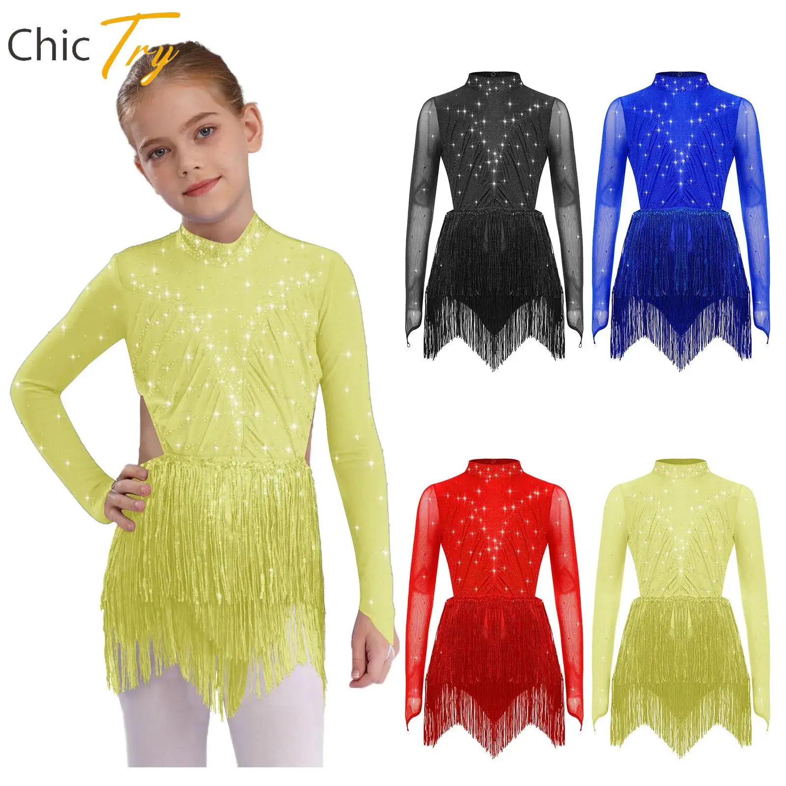 

Shiny Rhinestones Latin Dance Leotard for Kids Girl Cha-cha Ballroom Salsa Samba Rumba Dancewear Sequins Tassels Bodysuit Outfit