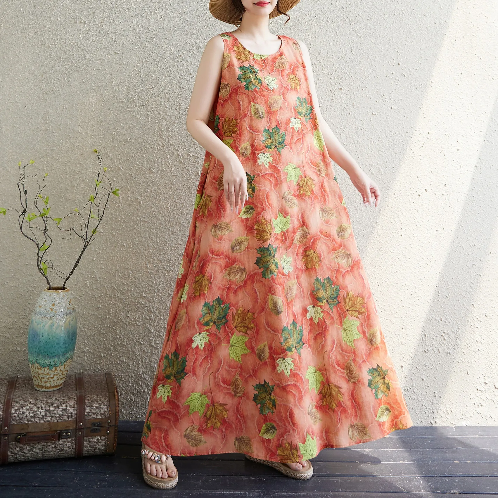 

Богемное длинное платье больших размеров, летнее, новое, без рукавов, с круглым вырезом, с принтом, в милом стиле, хлопковое, для прогулок по городу, А-силуэт