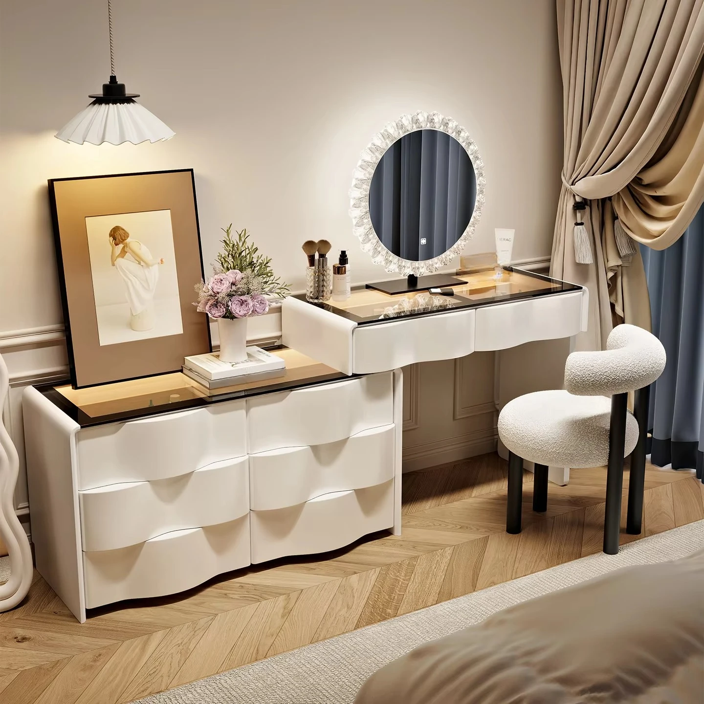 

Modern Bedroom Dressing Table Ambient Lighting Solid Wood Frame Dressing Table Dressing Table and Chest of Drawers Combination