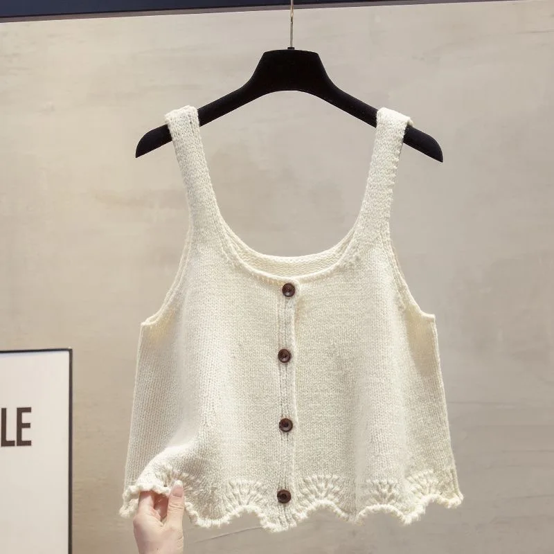 Korean Style Sweet Wave-Hem Sweater Vest With Buttons Red Blue Gray Beige Yellow Sleeveless Knit Tank Top Cover Up Crop Cardigan