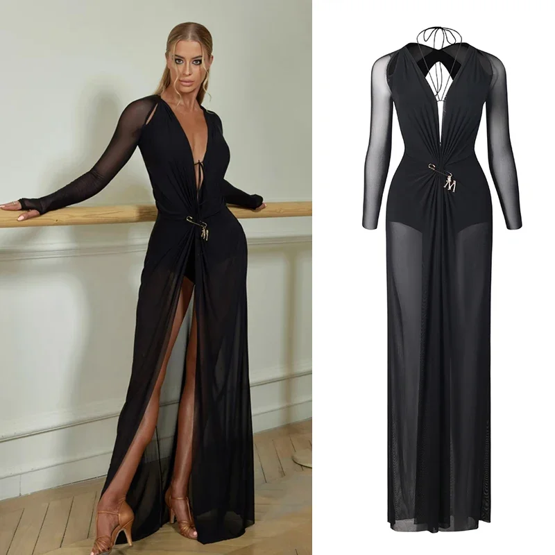 

Sexy Deep V Mesh Sleeved Latin Dance Dress Adults Backless Ballroom Dance Clothes Women Party Prom Latin Dancing Dresses SL9030