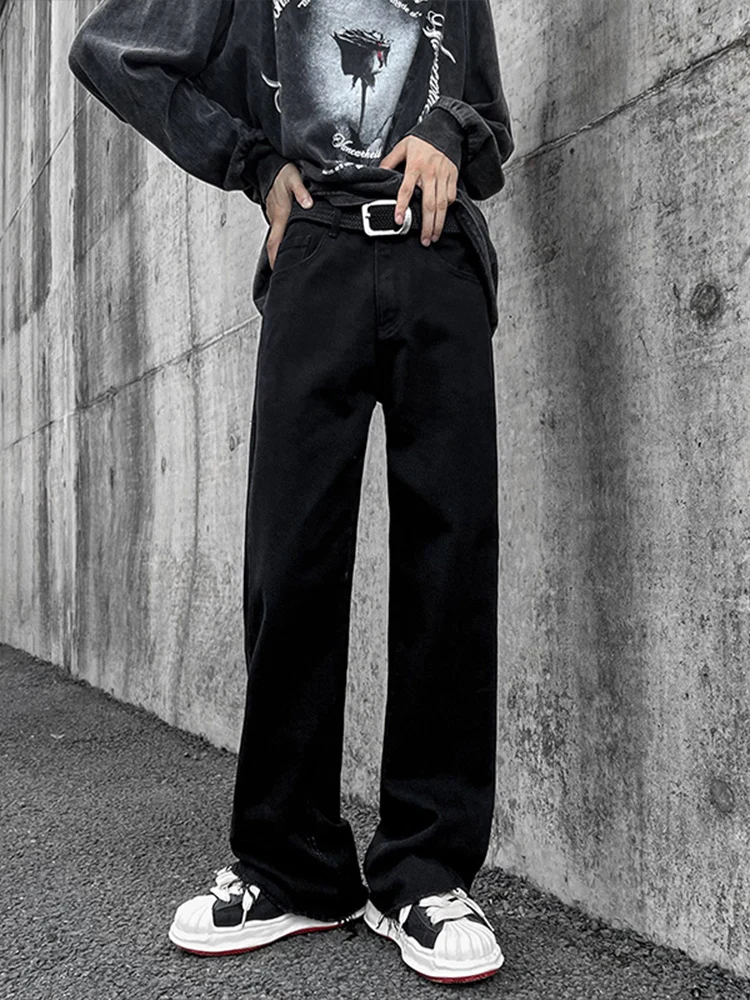 

American Vibe Men's Loose Straight Leg Jeans Black Bell Bottom Casual Long Trousers High Street Trend Youth Summer Cotton Blend