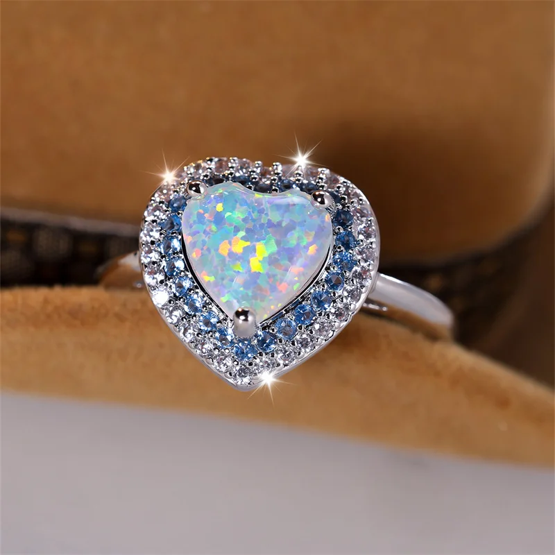 Luxury Rainbow White Fire Opal Rings For Women Silver Color Metal Big Heart Wedding Bands Blue Zircon Promise Engagement Jewelry