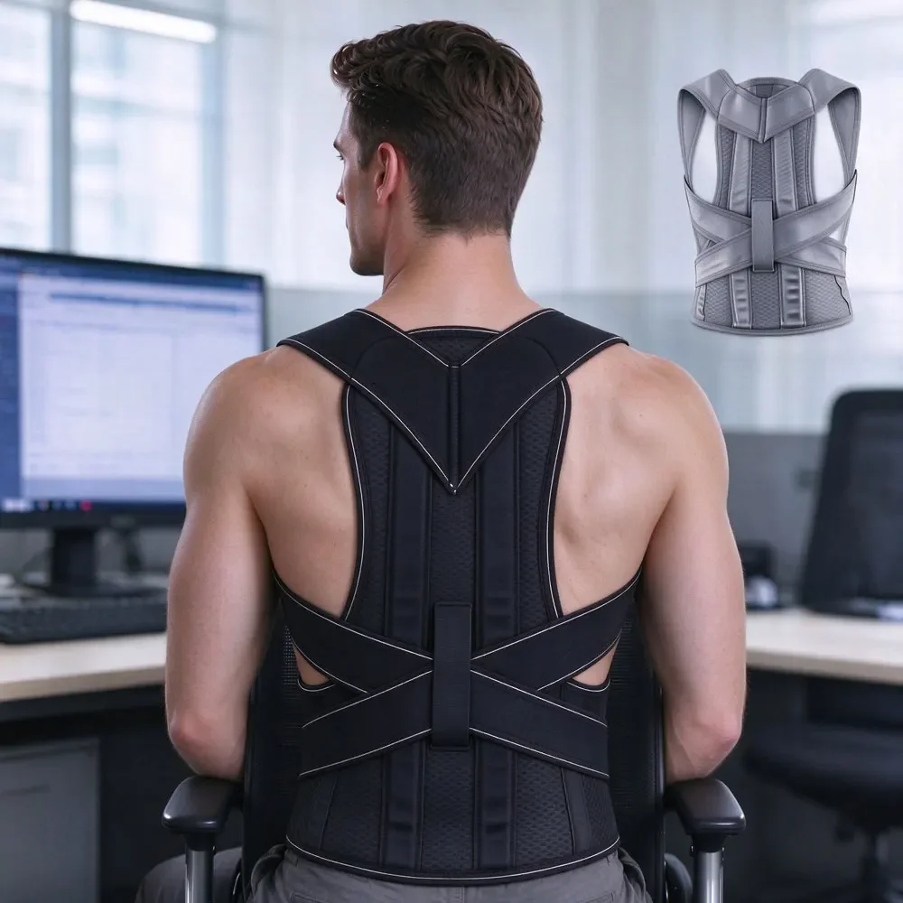 Adjustable Full Back Brace Posture Corrector, Sweat-Wicking Breathable Mesh Fabric, Lumbar Support,Effective Relief Chronic Back