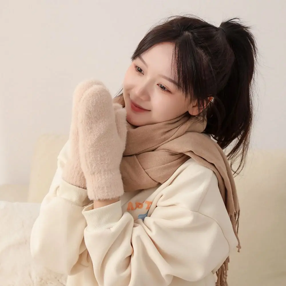 Simple Full Fingers Knitted Gloves Fleece Keep Warm Plush Mittens Korean Style Thickened Winter Mittens Riding