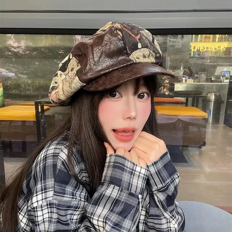 Original Niche Bear Jacquard PU Leather Splicing Beret Spring and Autumn Street British Retro Octagonal Painter Hat for Women's