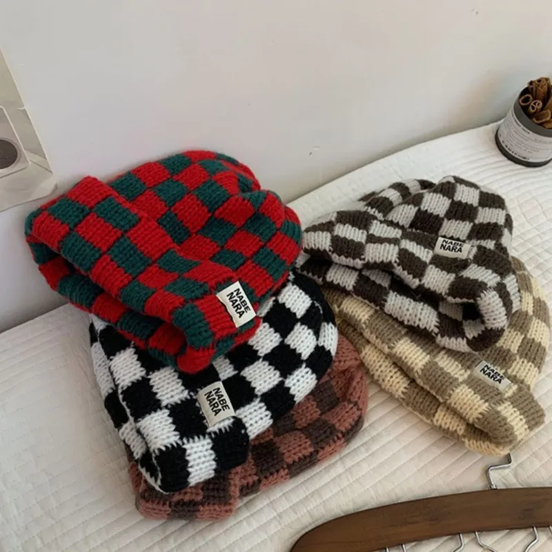 Chessboard Plaid Knitted Beanies for Women Korean Version Trendy Brand Acrylic Fiber Label Hat Winter Wool Keep Warm Caps