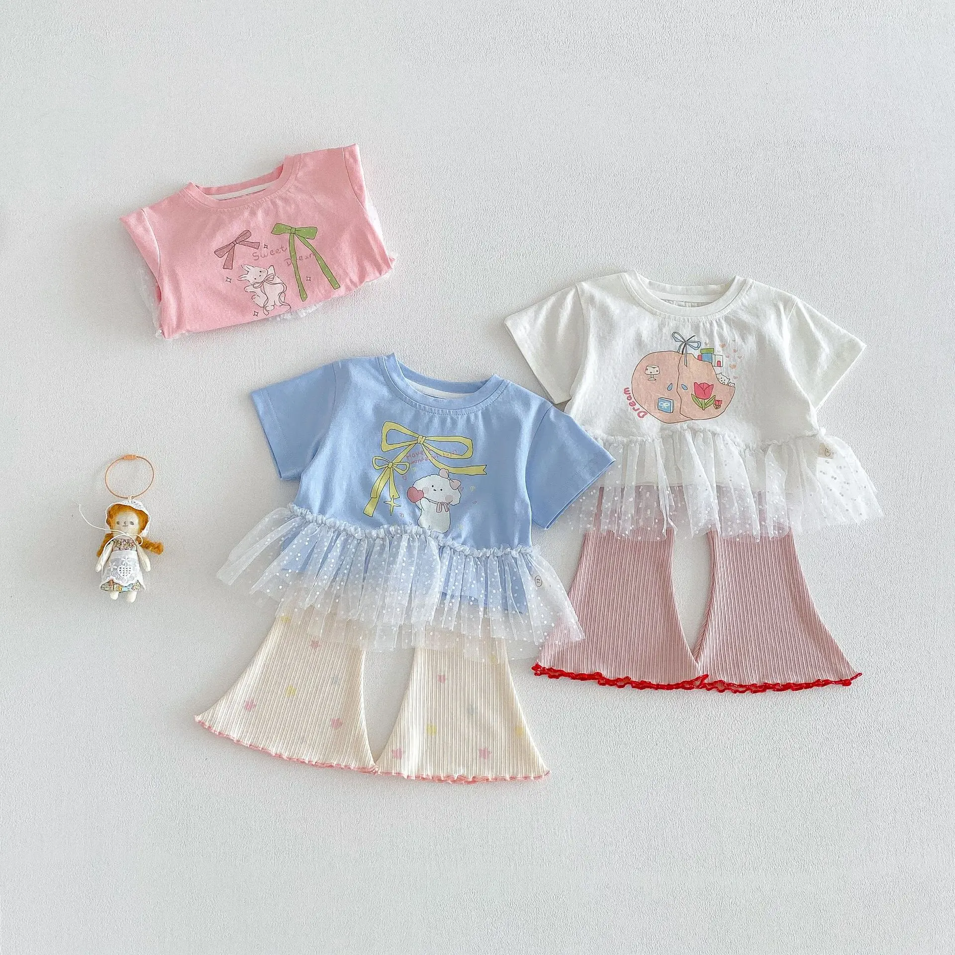 Girls' Korean Version Mesh T-shirt 2026 New Summer Baby Style Cartoon Bunny Print Top for Children's Summer Wear