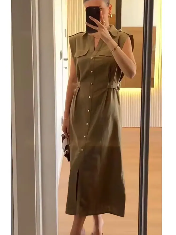 HH Dames Zomer Vintage Gezellige Linnen Midi-jurk Effen Revers Single-breasted Taille Met Zijlussen Nep Zakken Trendy Jurk