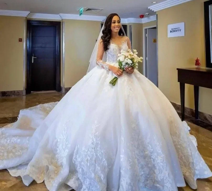 

Luxurious Chiffon Applique Women's Fluffy Wedding Dress Sexy Transparent Collar Long Sleeved Trailing Bridal Dress Customized