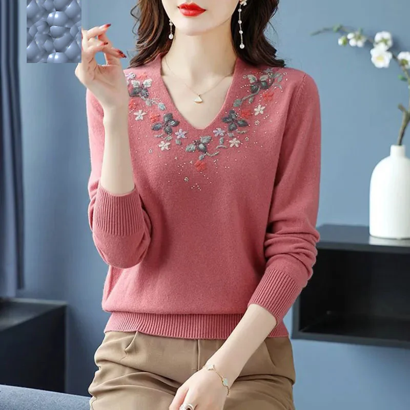 2023 New Lady Embroidery Sweater Fashion Spring Autumn Women\'s Knitwear Pullover Casual Soft Knitted T-Shirt Tops Bottoming