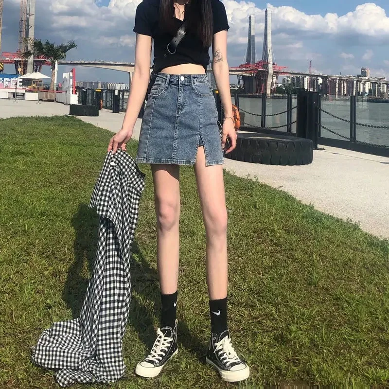 High-Waisted Slimming Short Skirt Women's Design Sensibility Elasticity Summer 2021 New Style A- Line Denim Skort