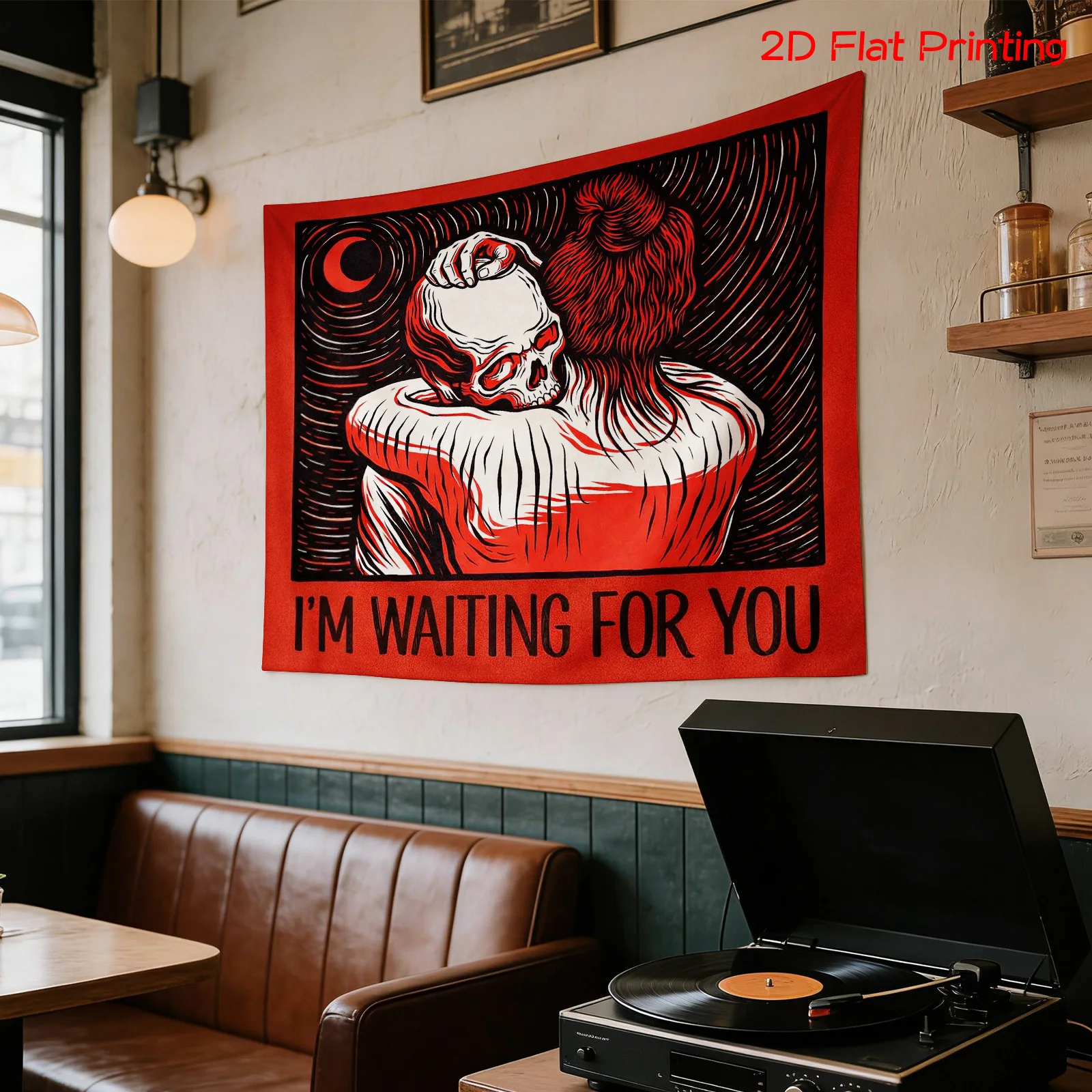 VIKAMA Dark Style Skeleton Embracing Tapestry Red and Black Retro I'm WAITING FOR YOU Text Printing Room Decoration