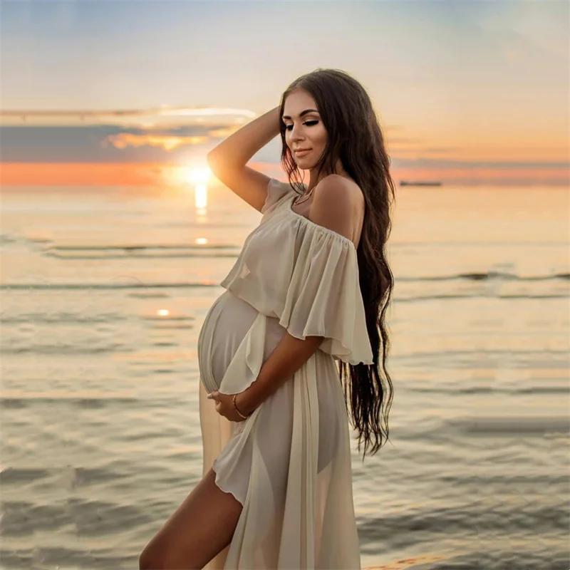 Off Shoulder Maternity Photoshoot Gown Split Side Maternity Dress Summer Beach Maternity Photography Dress Baby Shower Gown
