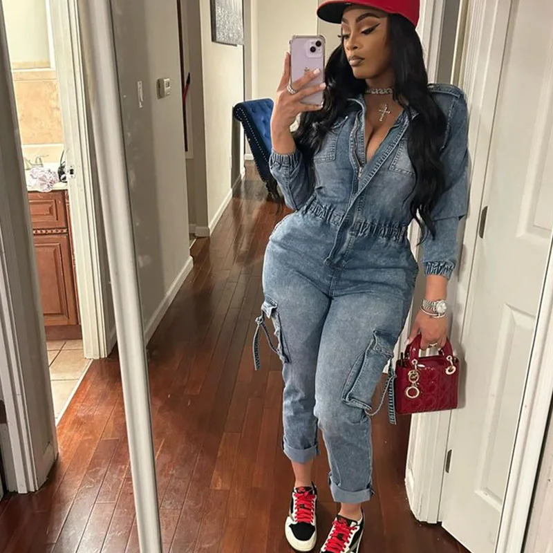 

Autumn Winter Denim Jumpsuit Women Front Zipper Turn-down Collar Long Sleeve High Waist One Pieces Rompers and Jumpsuits Pockets