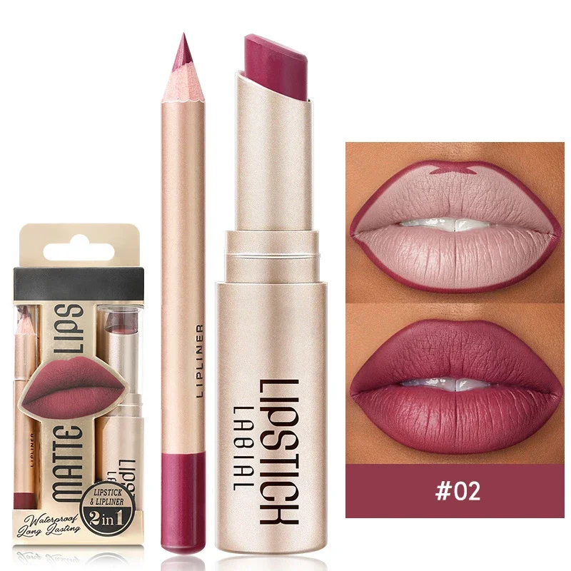 2 In 1 Lippenstift Set Matte Lippenstift & Lipliner Potlood Nude Bruine Contour Getinte Lippenbalsemset Waterdichte Duurzame Cosmetica Nieuw