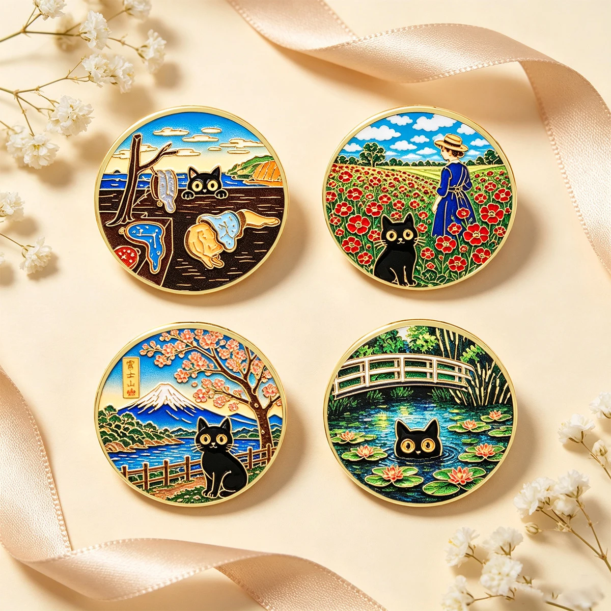 9pcs Oil Painting Black Cat Enamel Pin Set Van Gogh Art Brooches Woman Men Backpack Accessories Bags Badge Lapel Jewelry Gifts