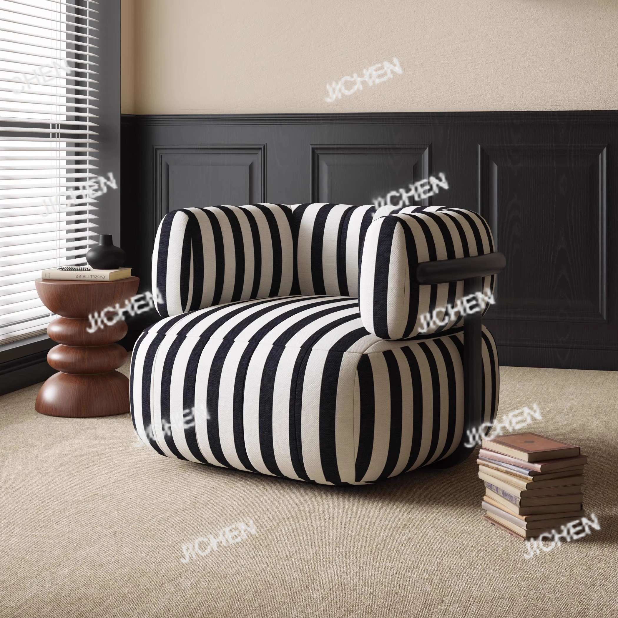 

JC Chinese Retro Single Sofa Chair Striped Premium Balcony Living Room Office Furniture